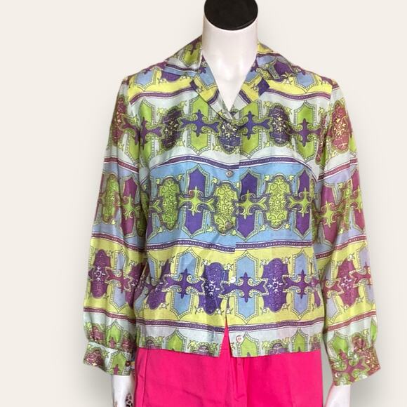 Vtg  polyester button down green purple & blue sleeves size 32 - Picture 5 of 6